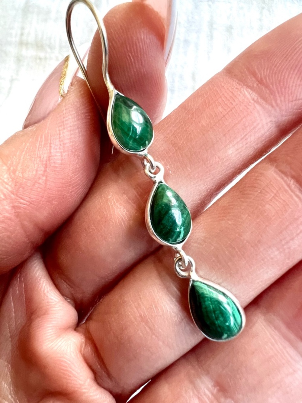 925 Malachite 3 Stone Dangle Earrings - Picture 5 of 7